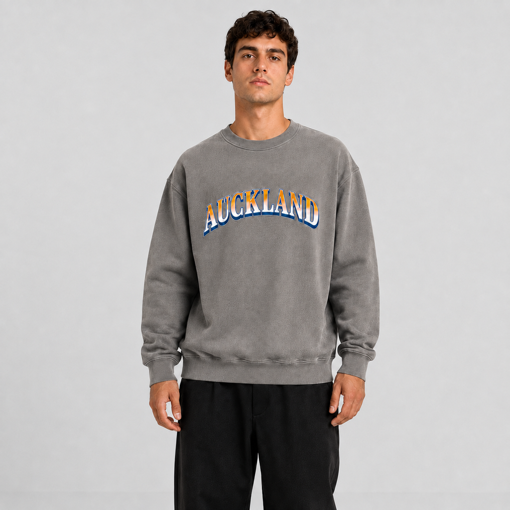 Model wearing Auckland Arch Crew Faded Grey