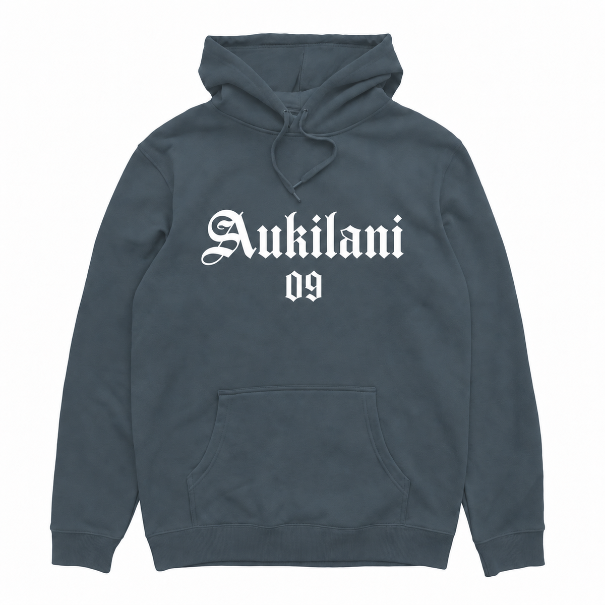Aukilani 09 hood in Bluestone with white front print