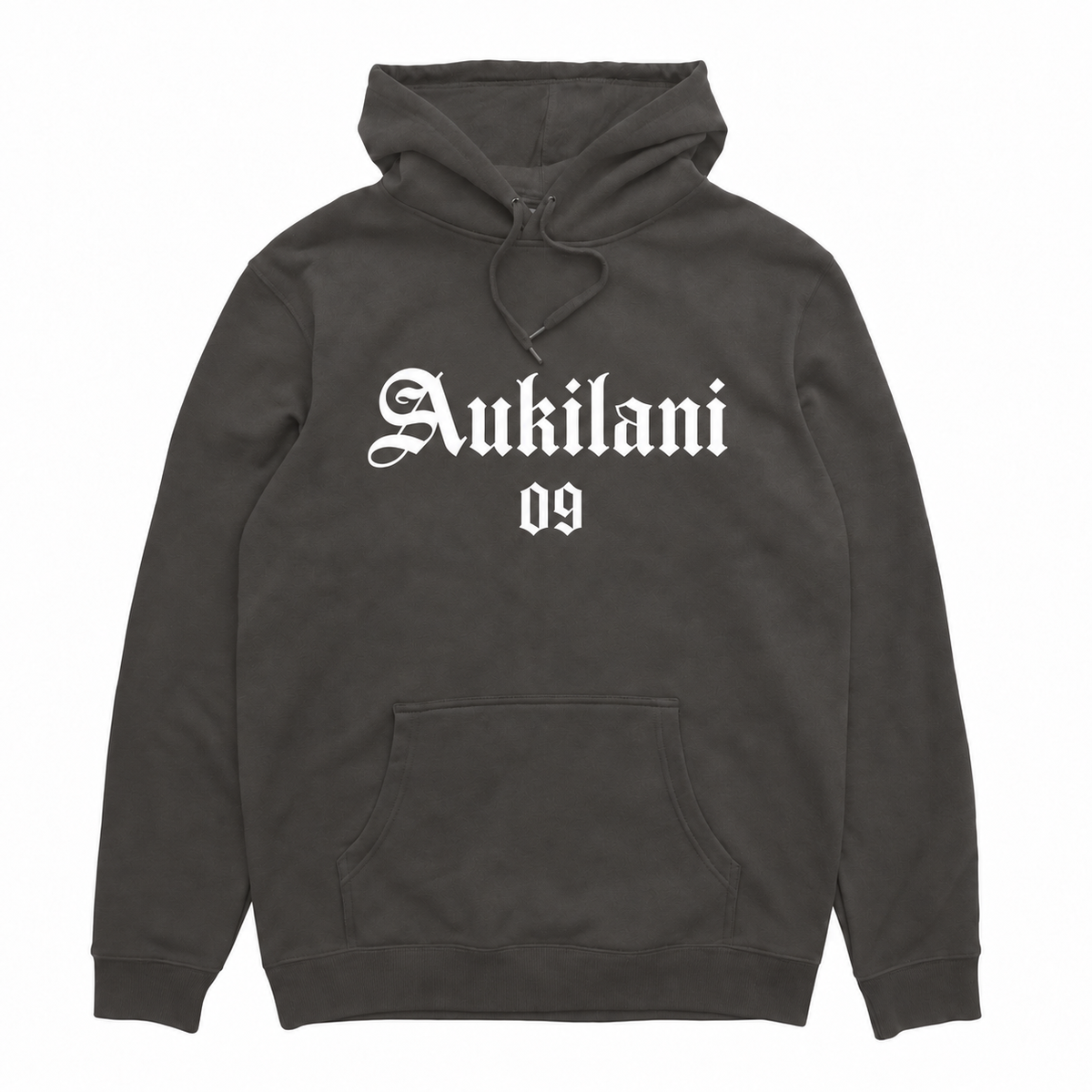 Aukilani 09 hood in Dark Grey with white front print