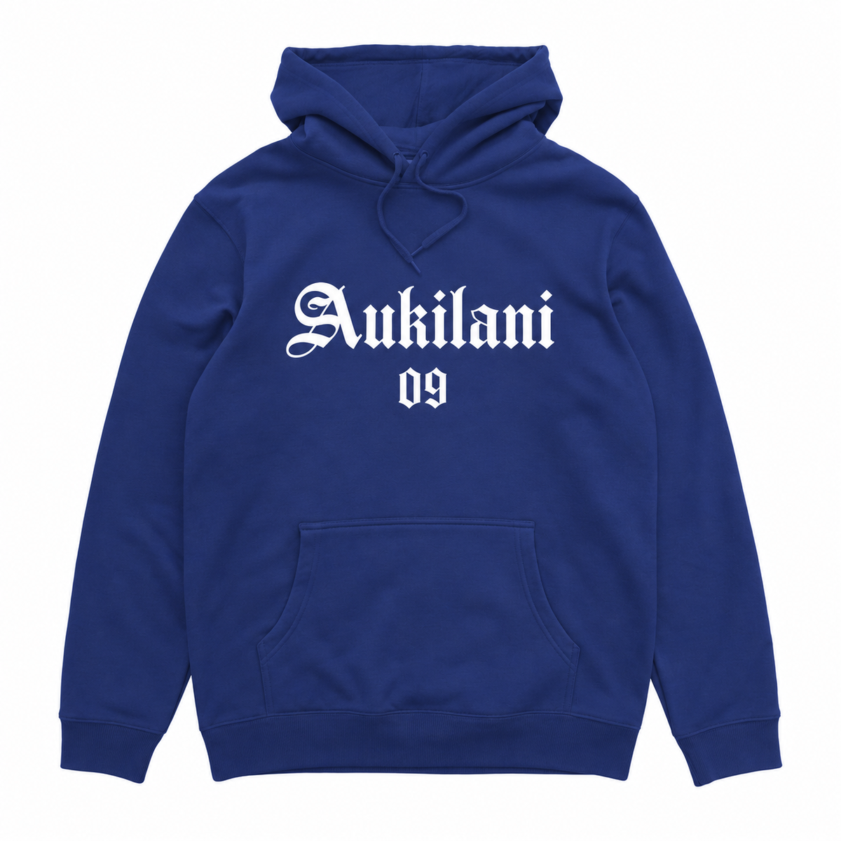 Aukilani 09 hood in Deep Royal with white front print