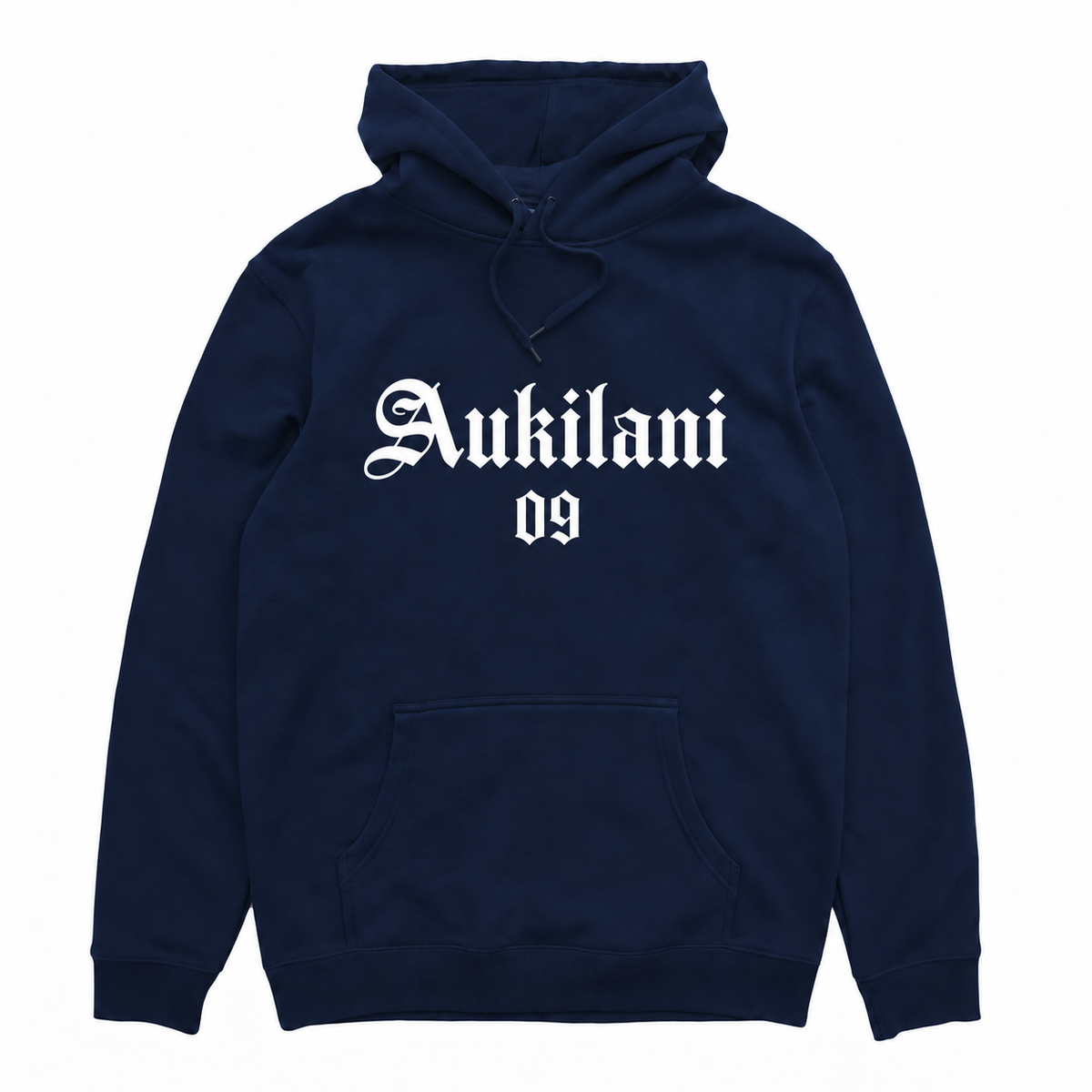 Aukilani 09 hood in Navy with white front print