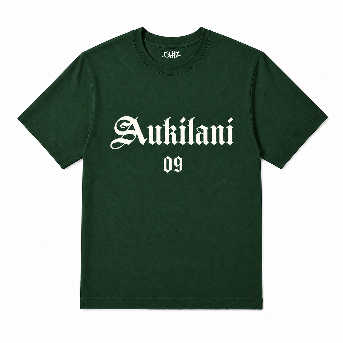 AUKILANI TEE FOREST GREEN with white AUKILANI 09 print