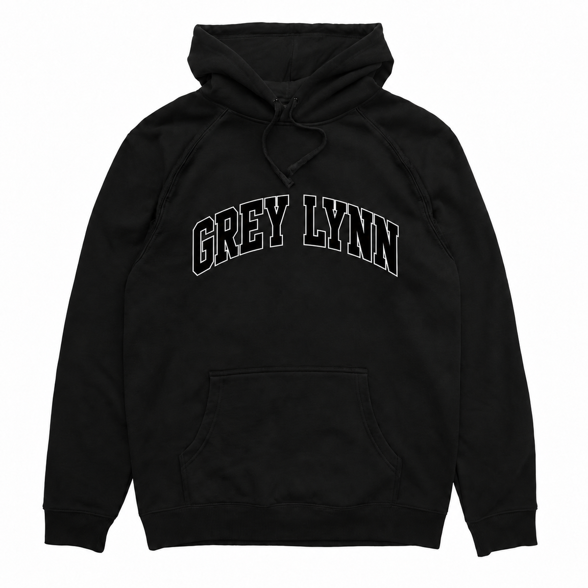 Grey Lynn Arch black hood with black and white front print