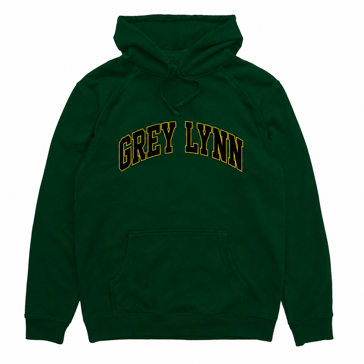 Grey Lynn Arch hood in bottle with black and gold front print