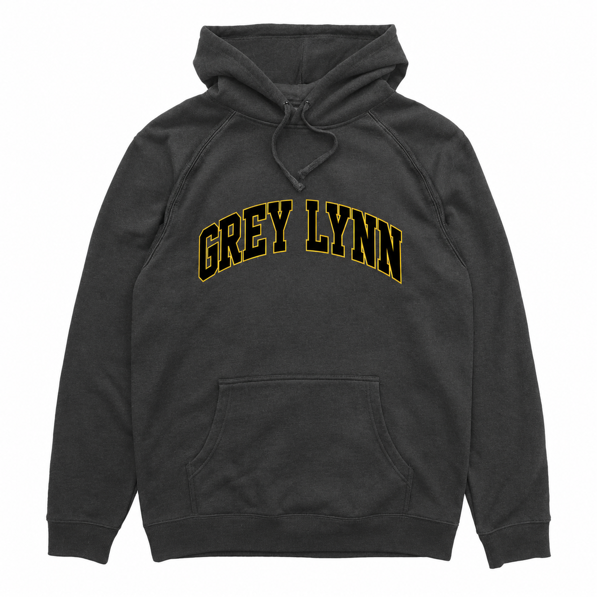 Grey Lynn Arch hood in dark grey with black and gold front print