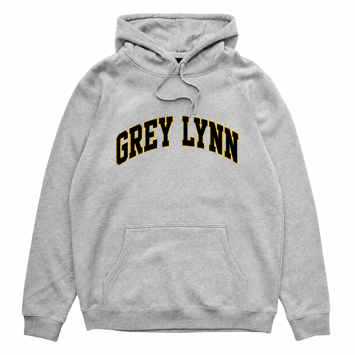 Grey Lynn Arch hood in grey marl with black and gold front print