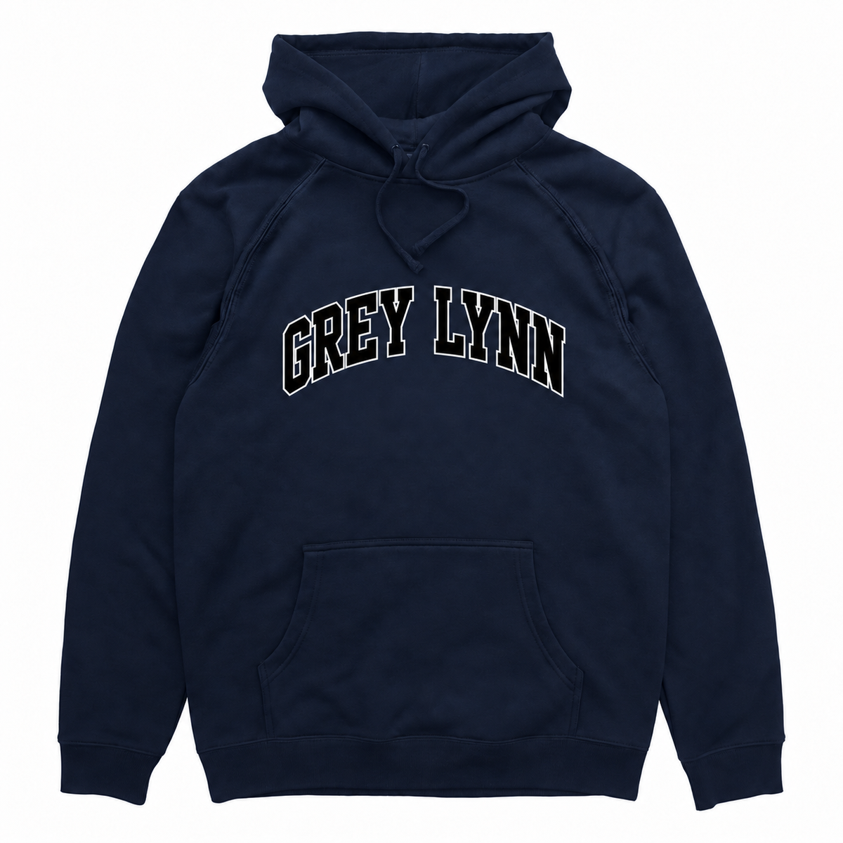 Grey Lynn Arch navy hood with black and white front print