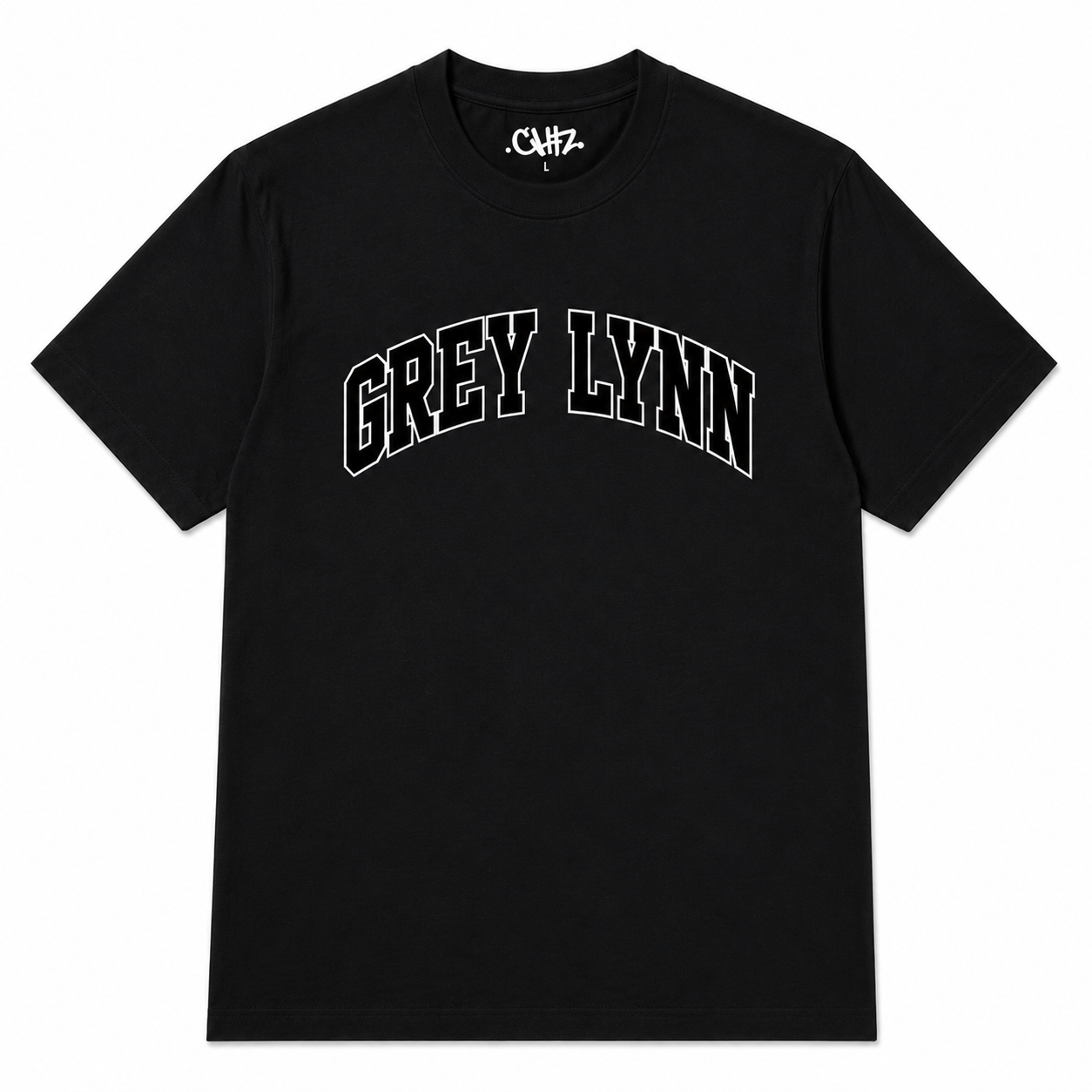 Grey Lynn arch tee in black with black and white front print