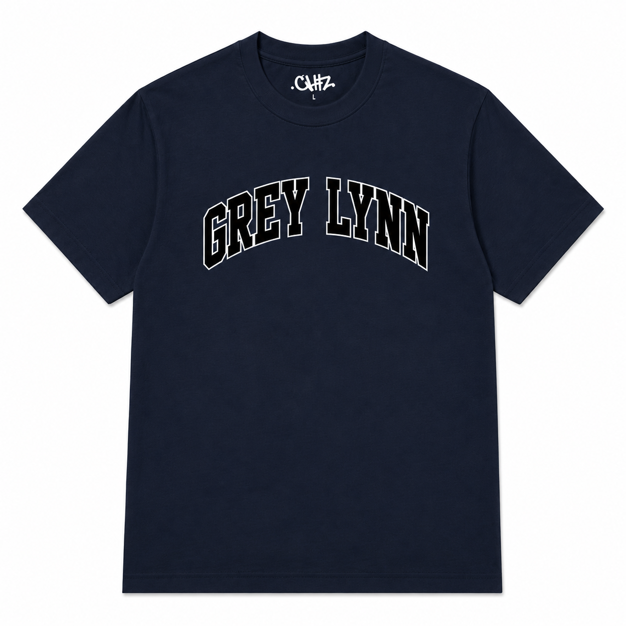 Grey Lynn arch tee in navy with black and white front print