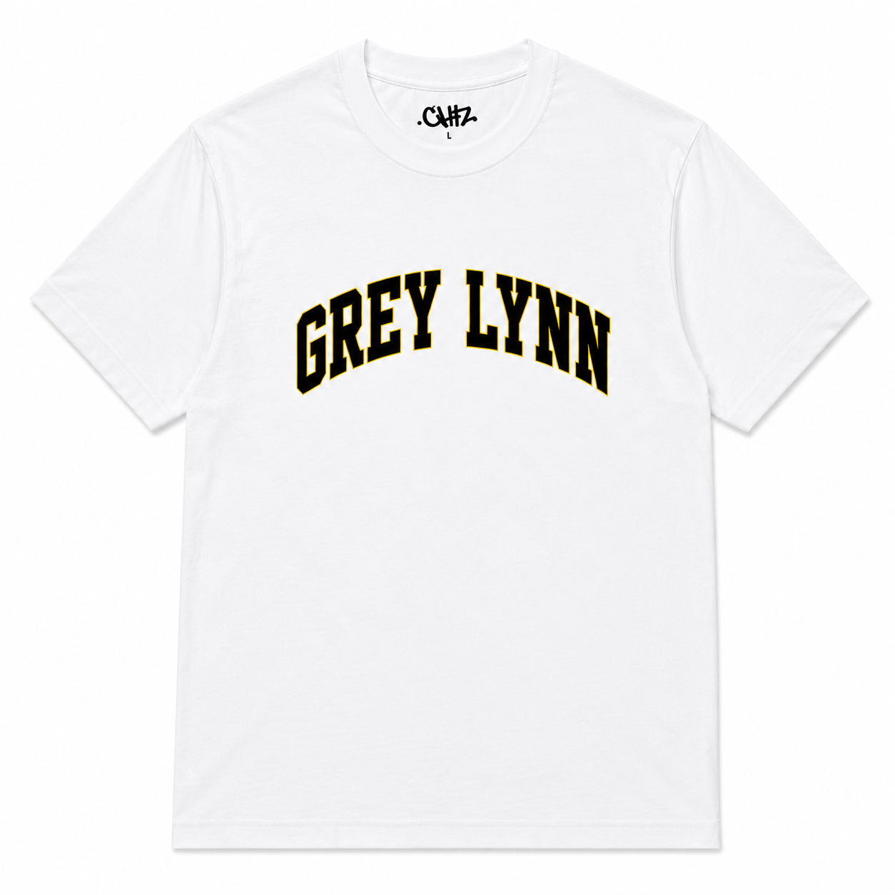 Grey Lynn arch tee in white with black and yellow front print