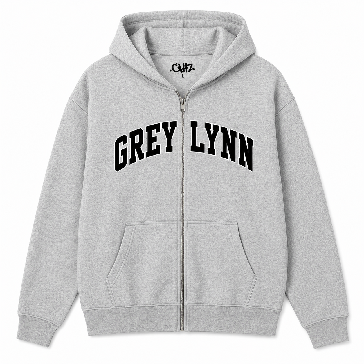 Grey Lynn grey marl zip hood with black and white arch front print