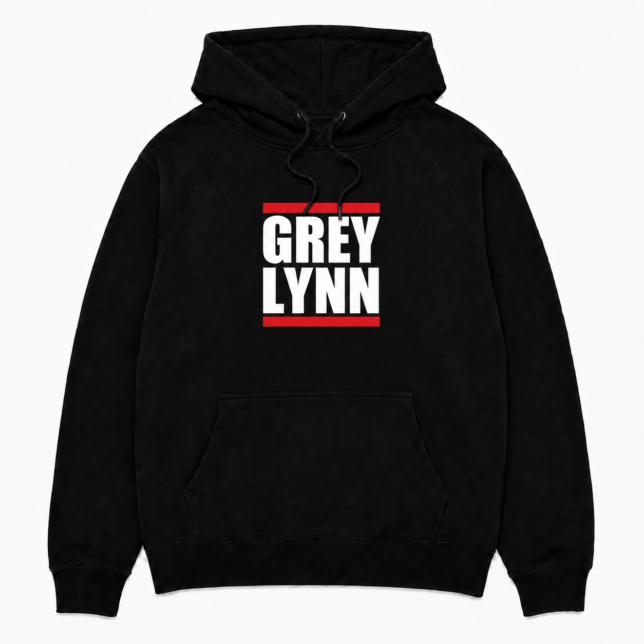 Grey Lynn black hood with raised white and red front print beneath drawcords