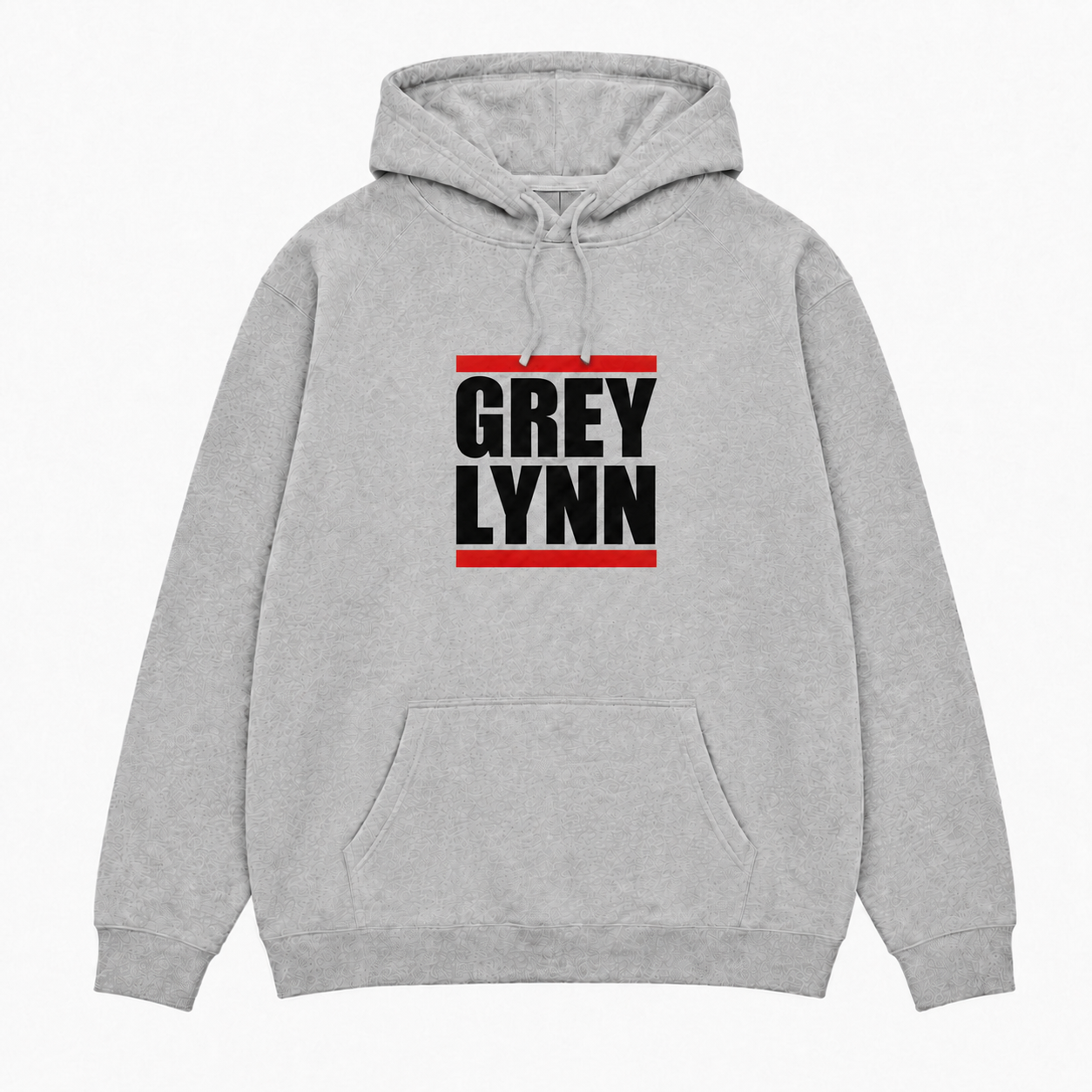 Grey Lynn grey marl hood with raised black and red front print beneath drawcords