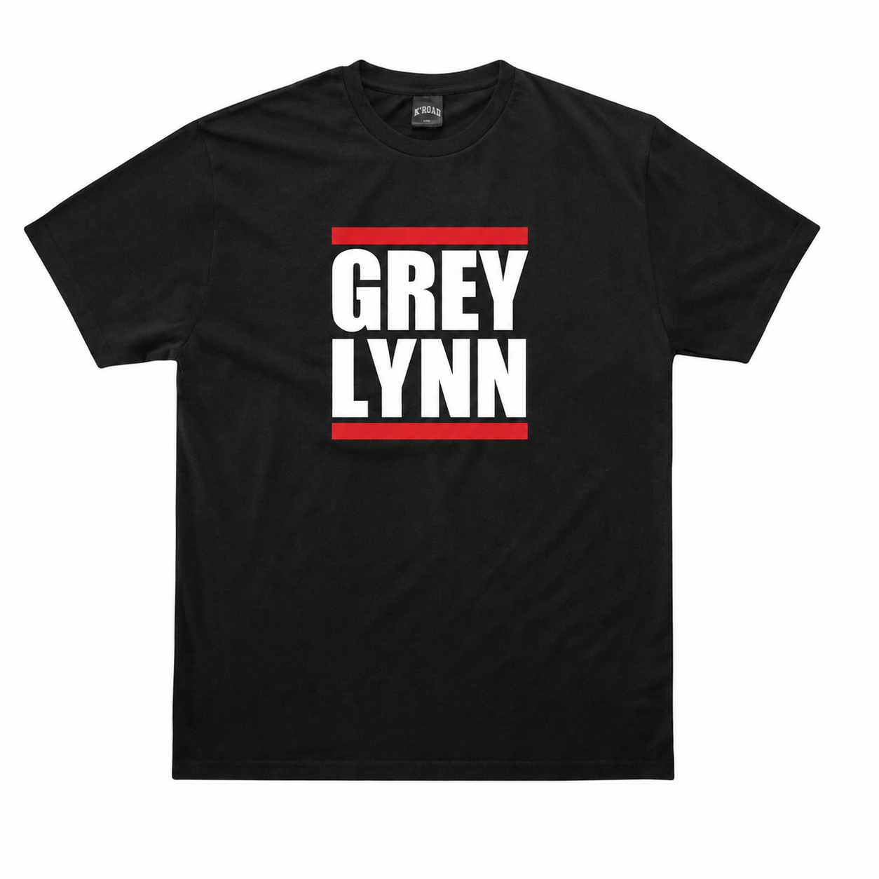 Grey Lynn black tee with white and red front print
