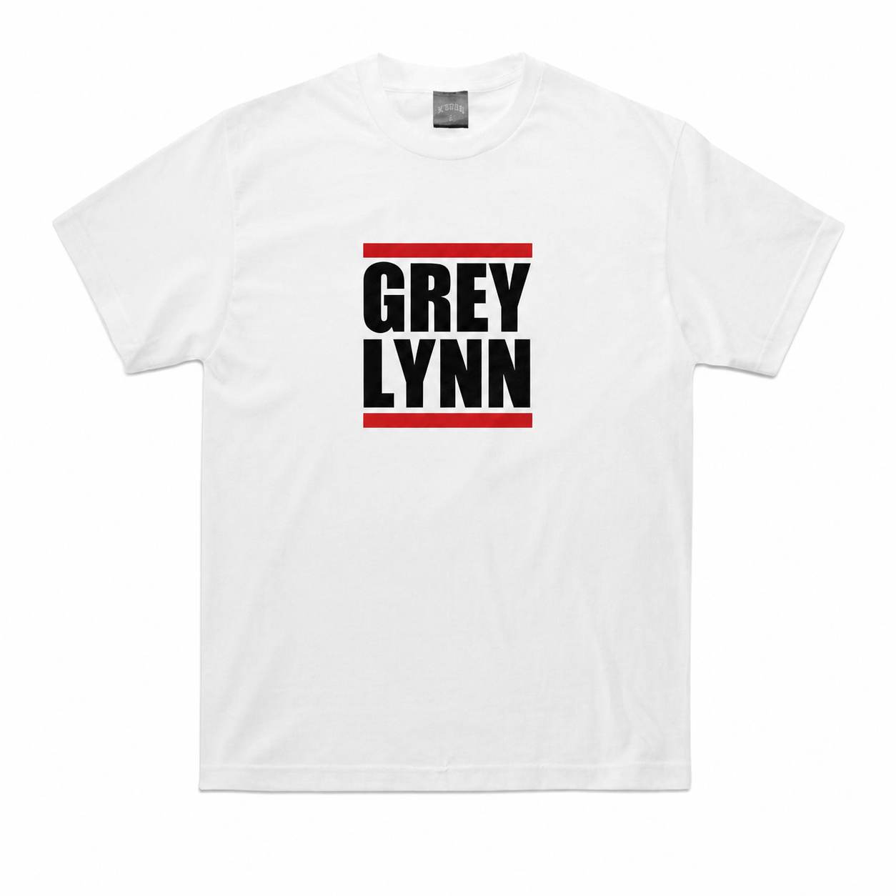 Grey Lynn white tee with black and red front print