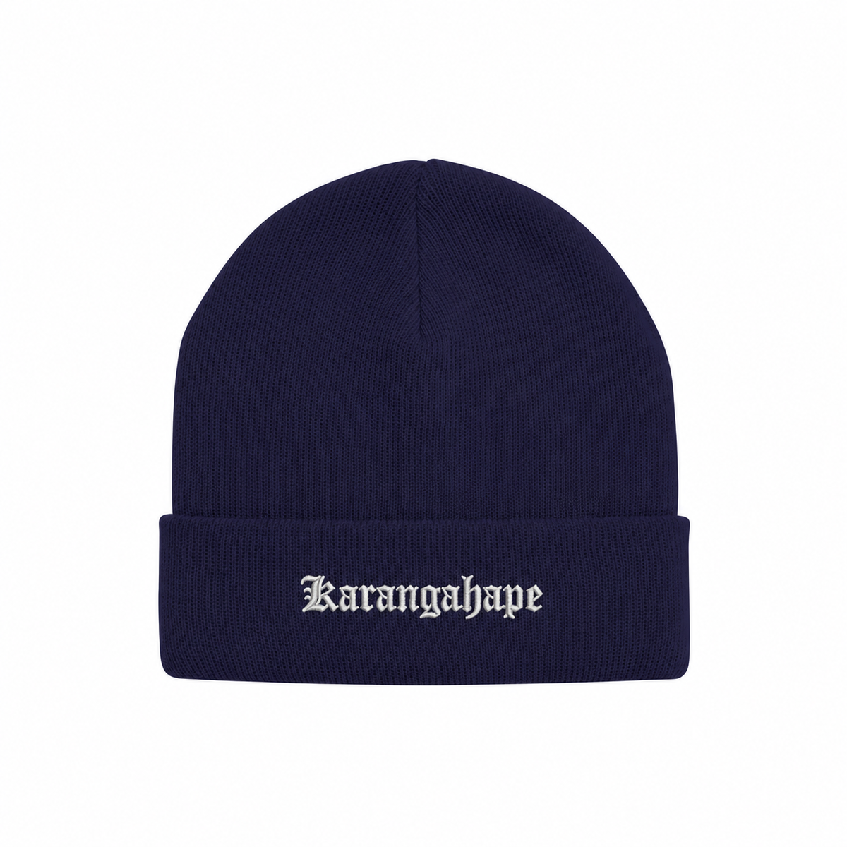 KARANGAHAPE Navy acrylic beanie with scaled white embroidery