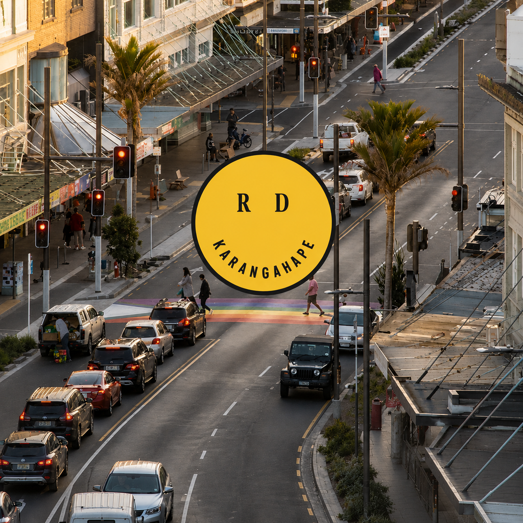 Karangahape Road rainbow crossing with Karangahape smiley