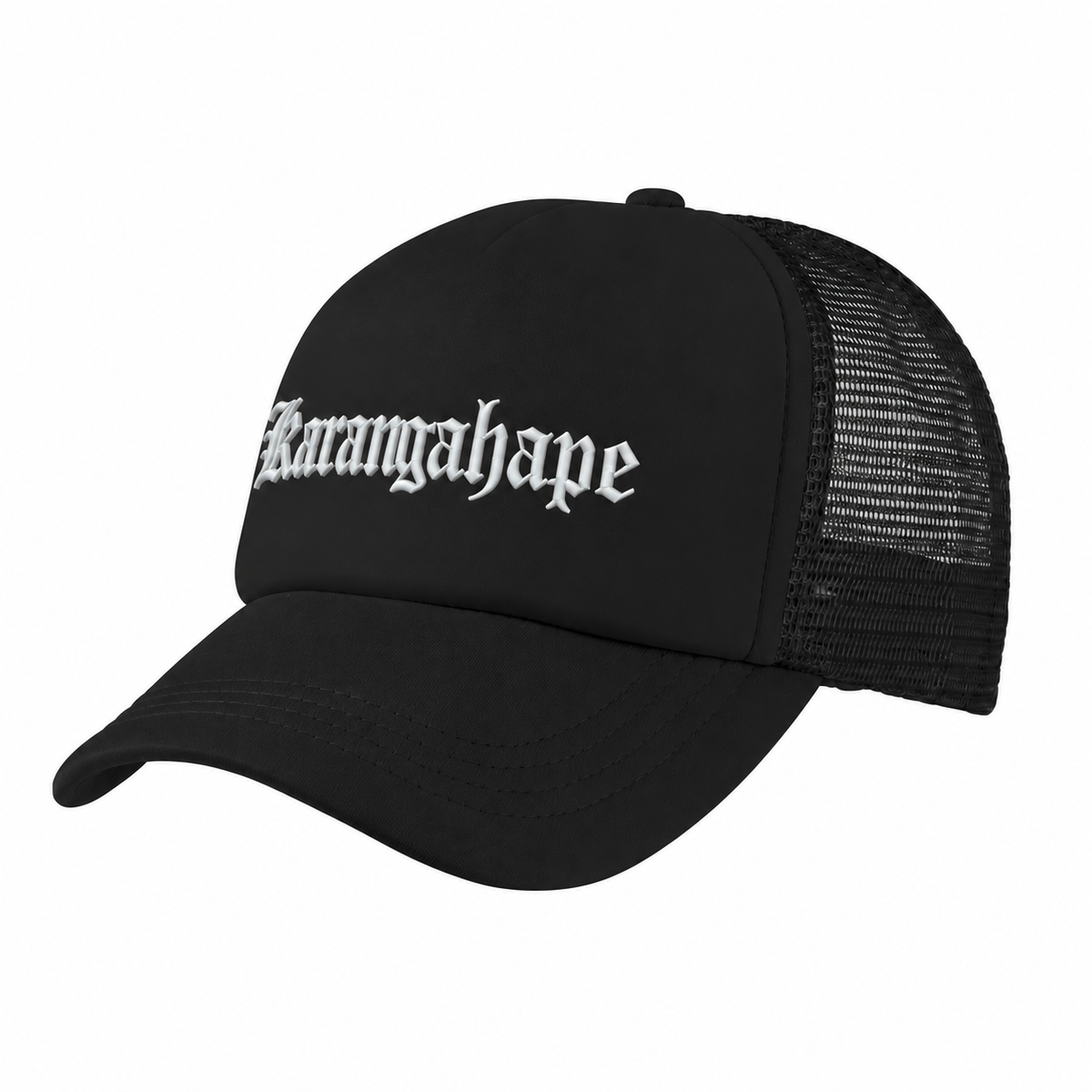 Black Karangahape trucker cap with white embroidery