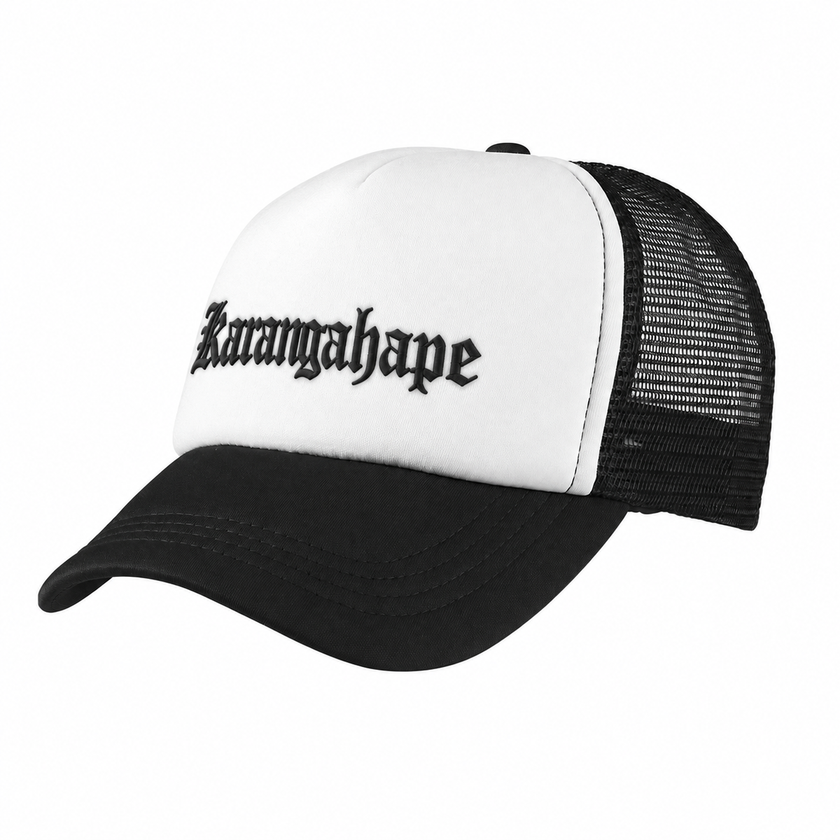 Black and white Karangahape trucker cap with black embroidery