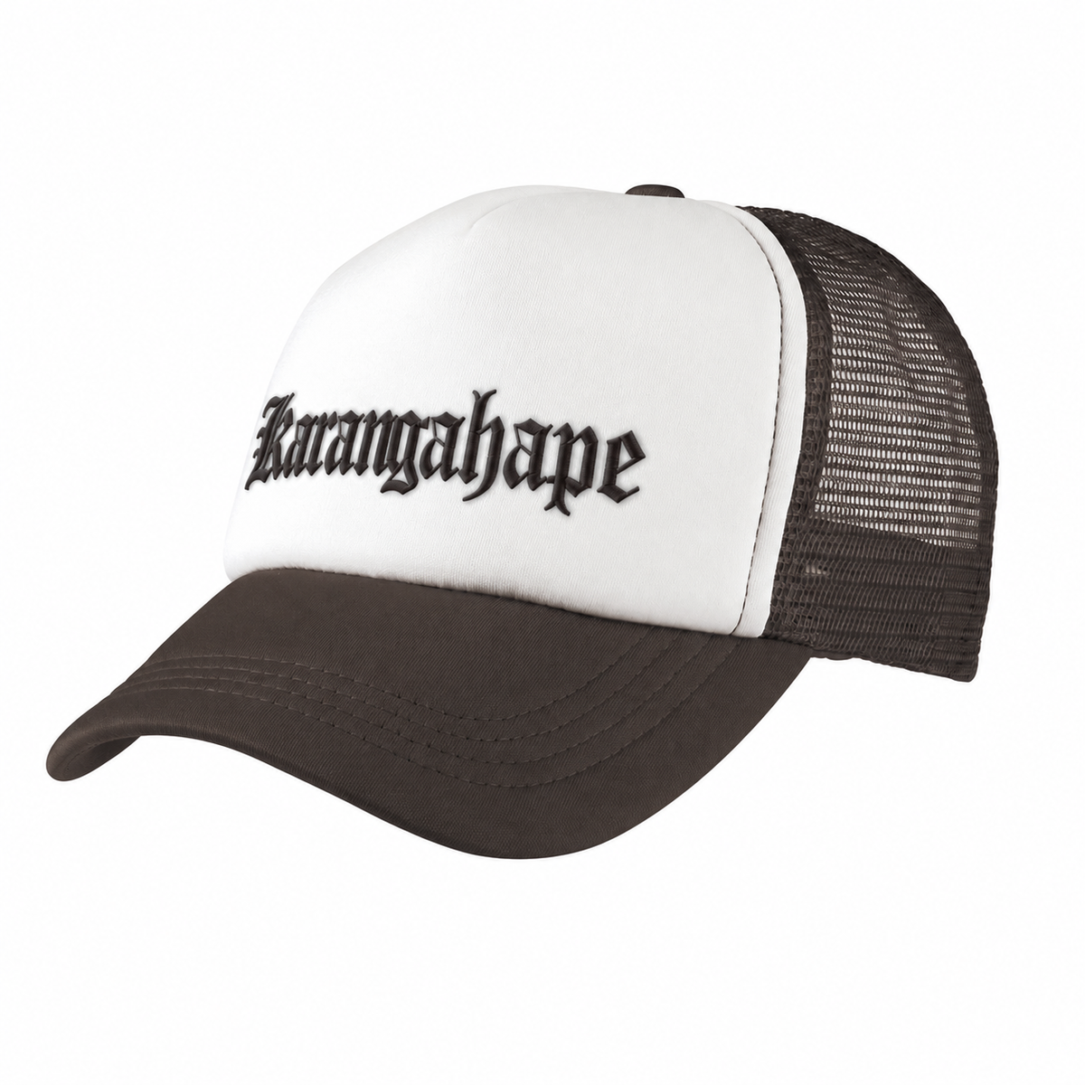 Brown and white Karangahape trucker cap with black embroidery