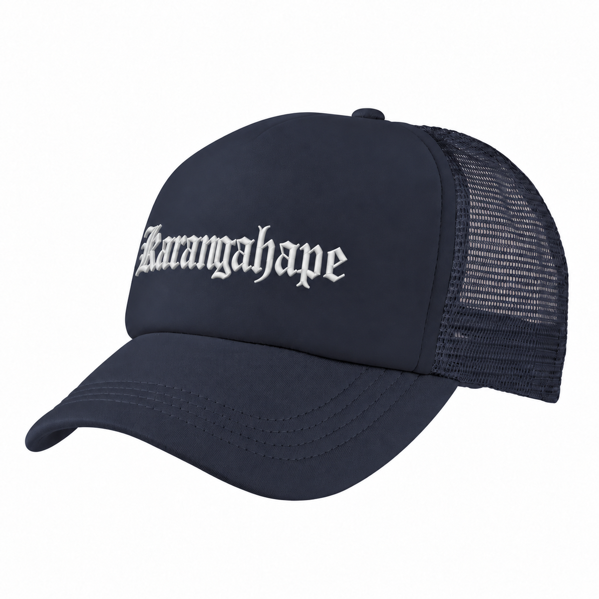 Navy Karangahape trucker cap with white embroidery