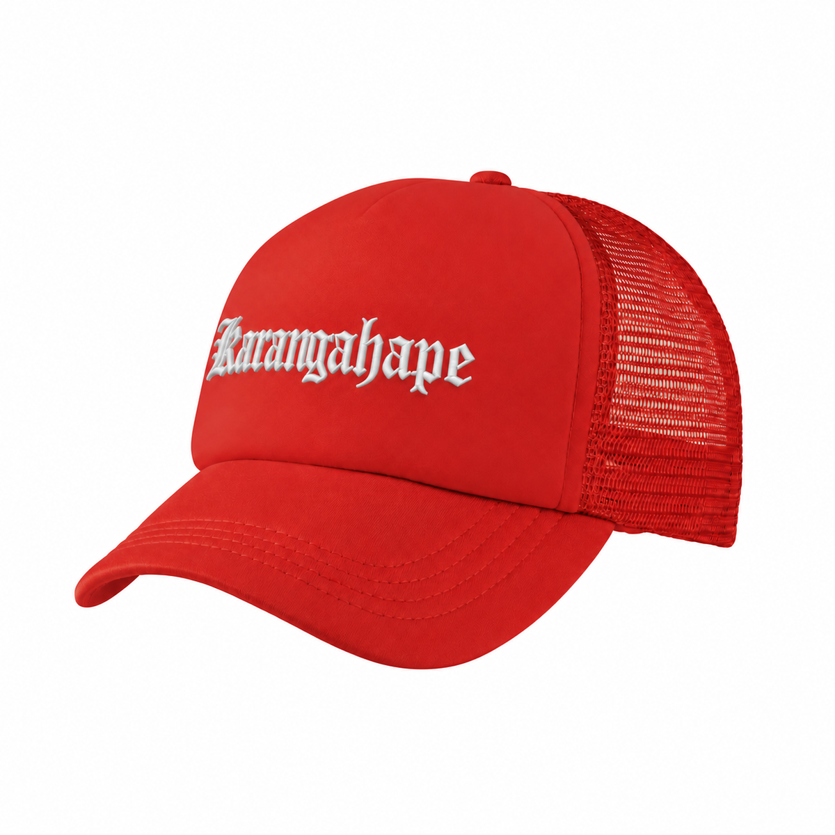 Red Karangahape trucker cap with white embroidery wrapping around the left front