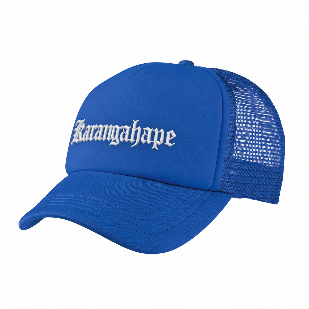 Royal blue Karangahape trucker cap with white embroidery