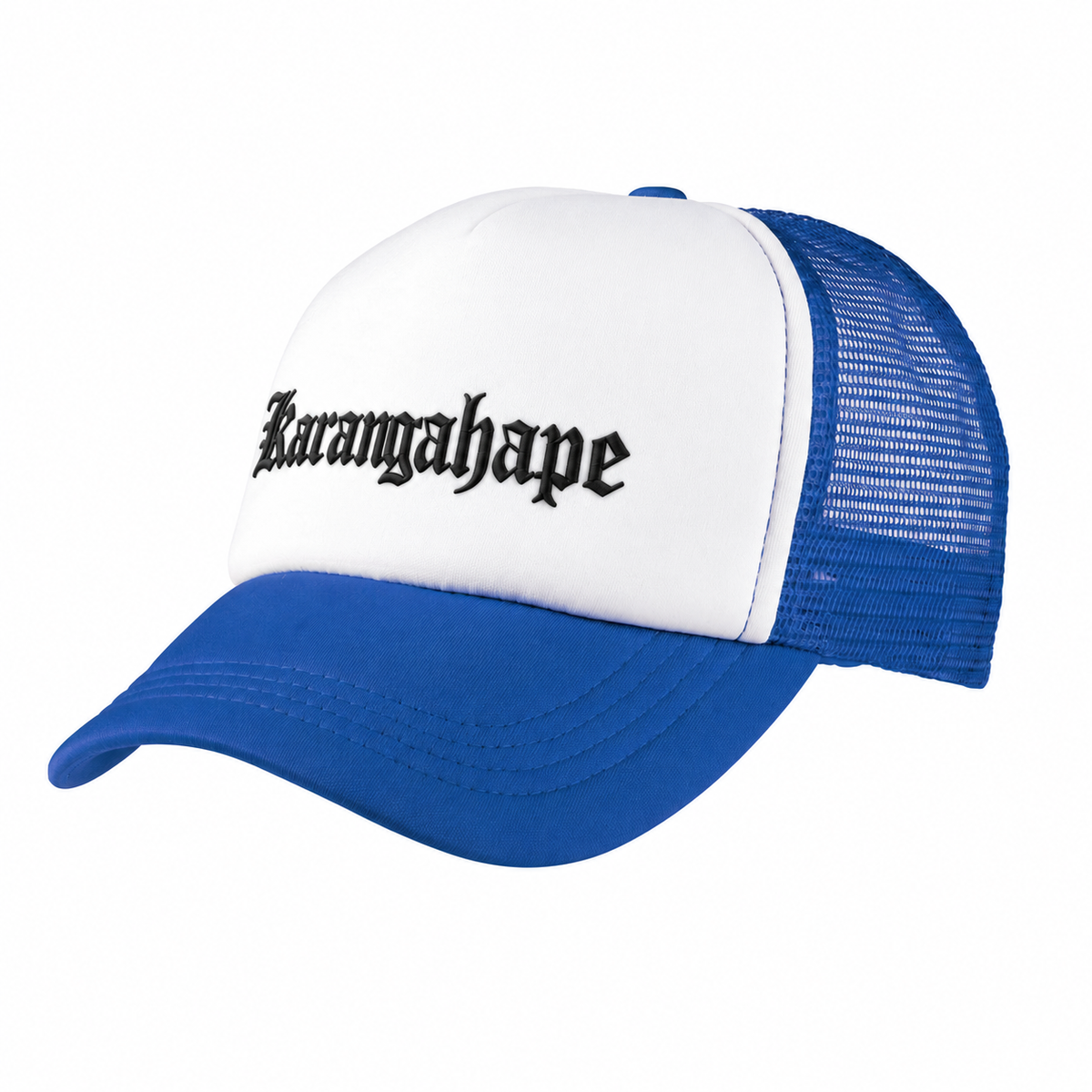 Royal blue and white Karangahape trucker cap with black embroidery