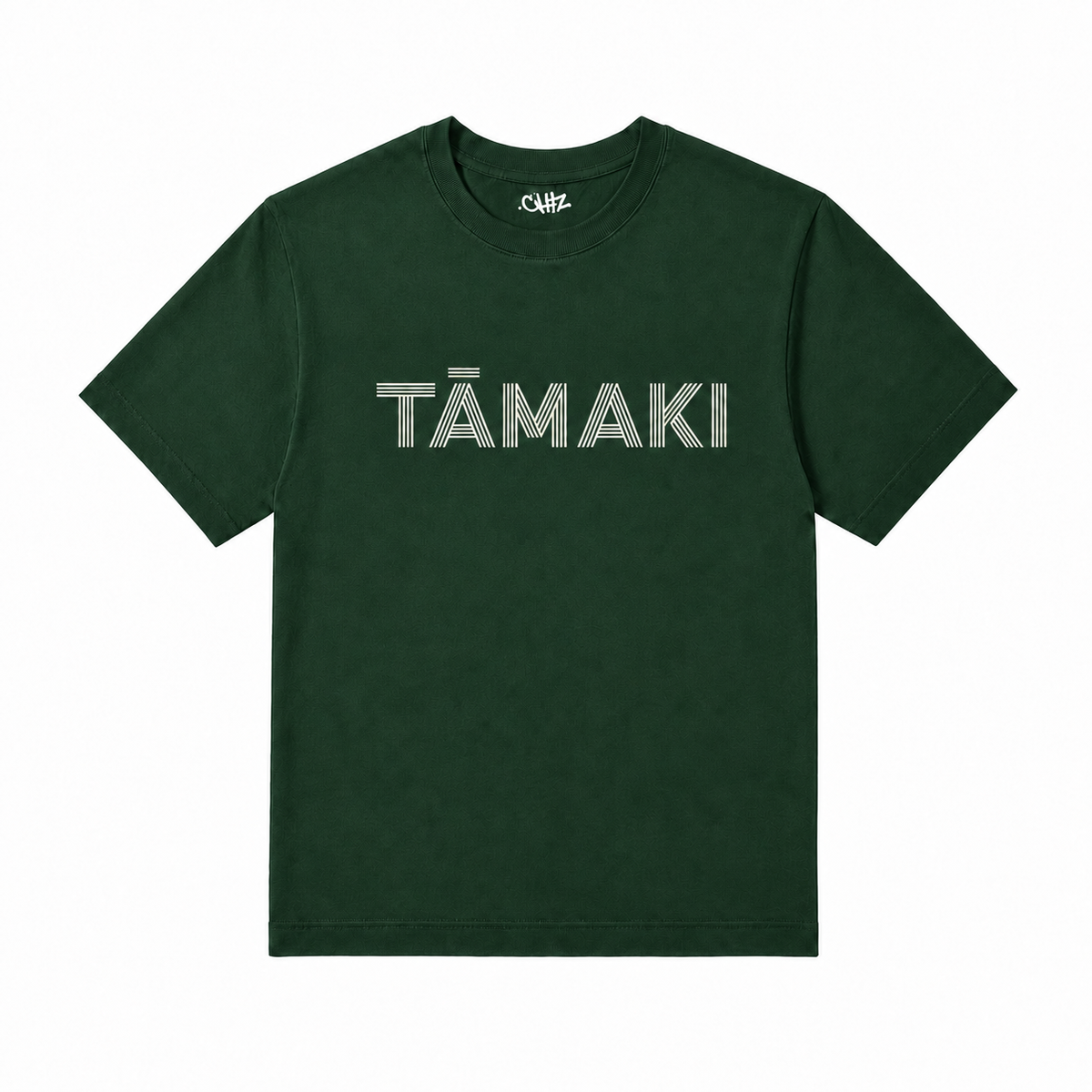 TAMAKI TEE FOREST GREEN with white TĀMAKI print
