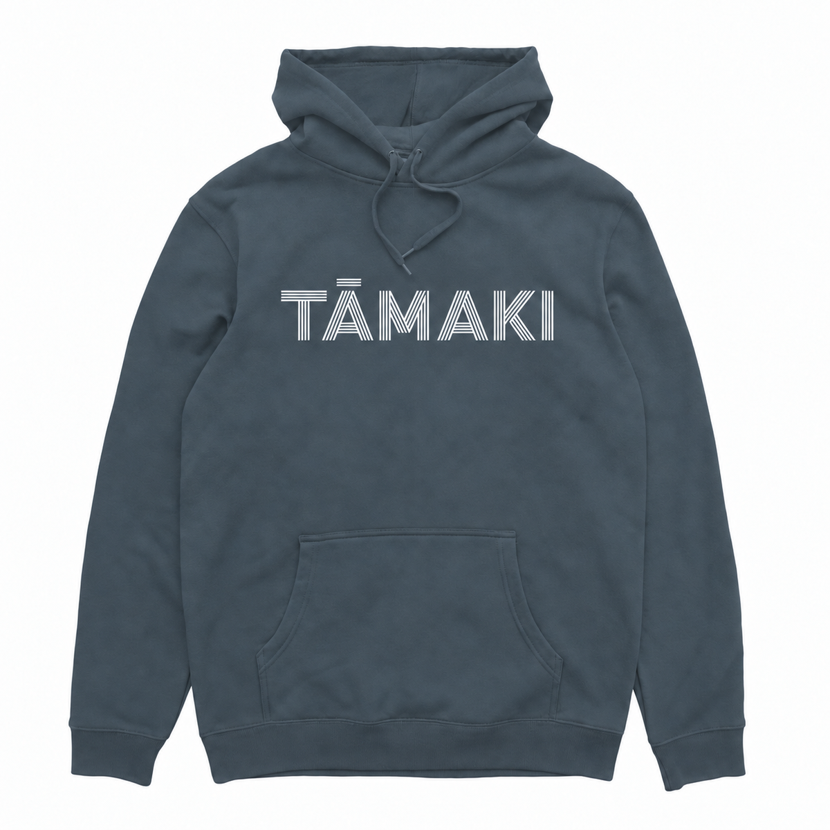 Tāmaki hood in Bluestone with white front print