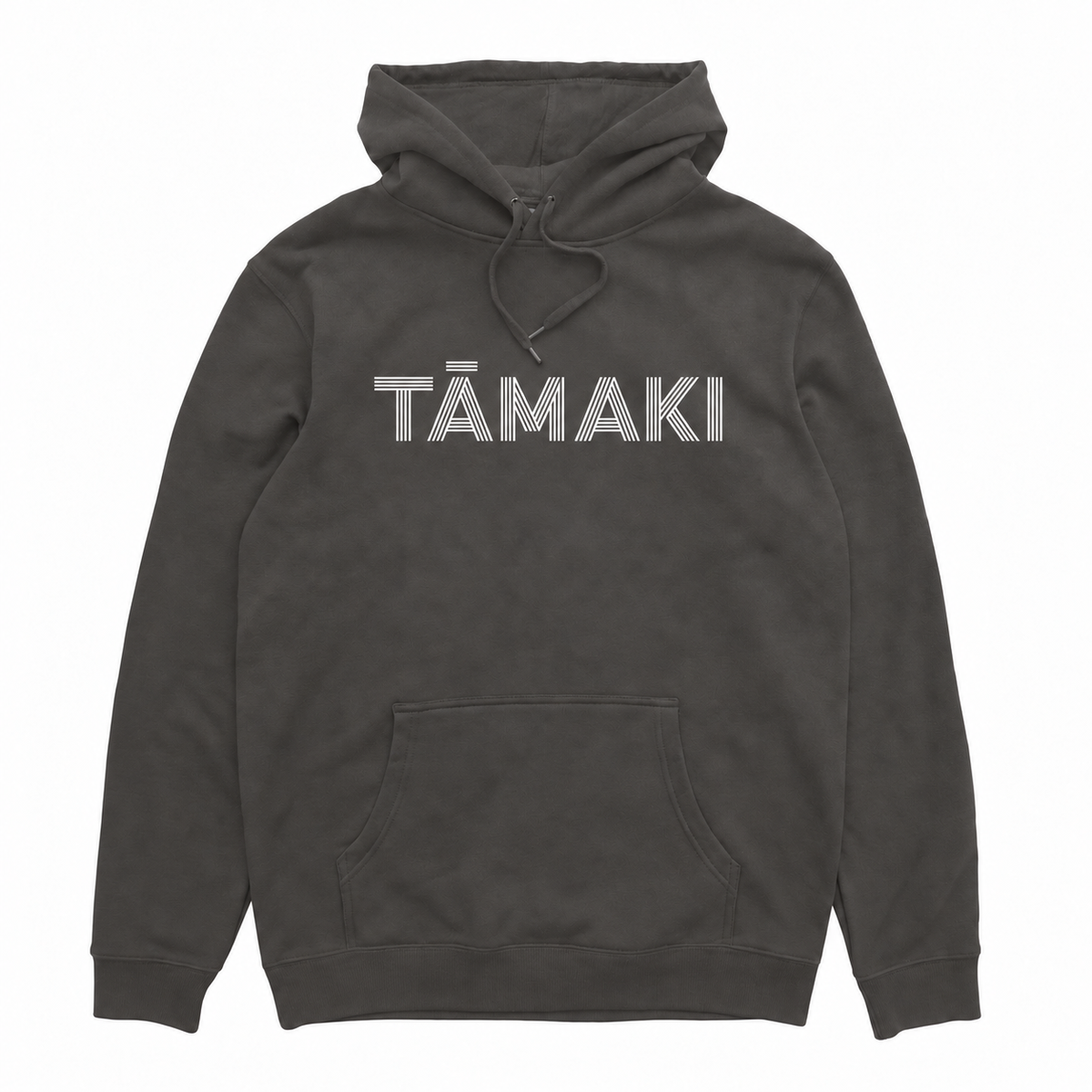 Tāmaki hood in Dark Grey with white front print