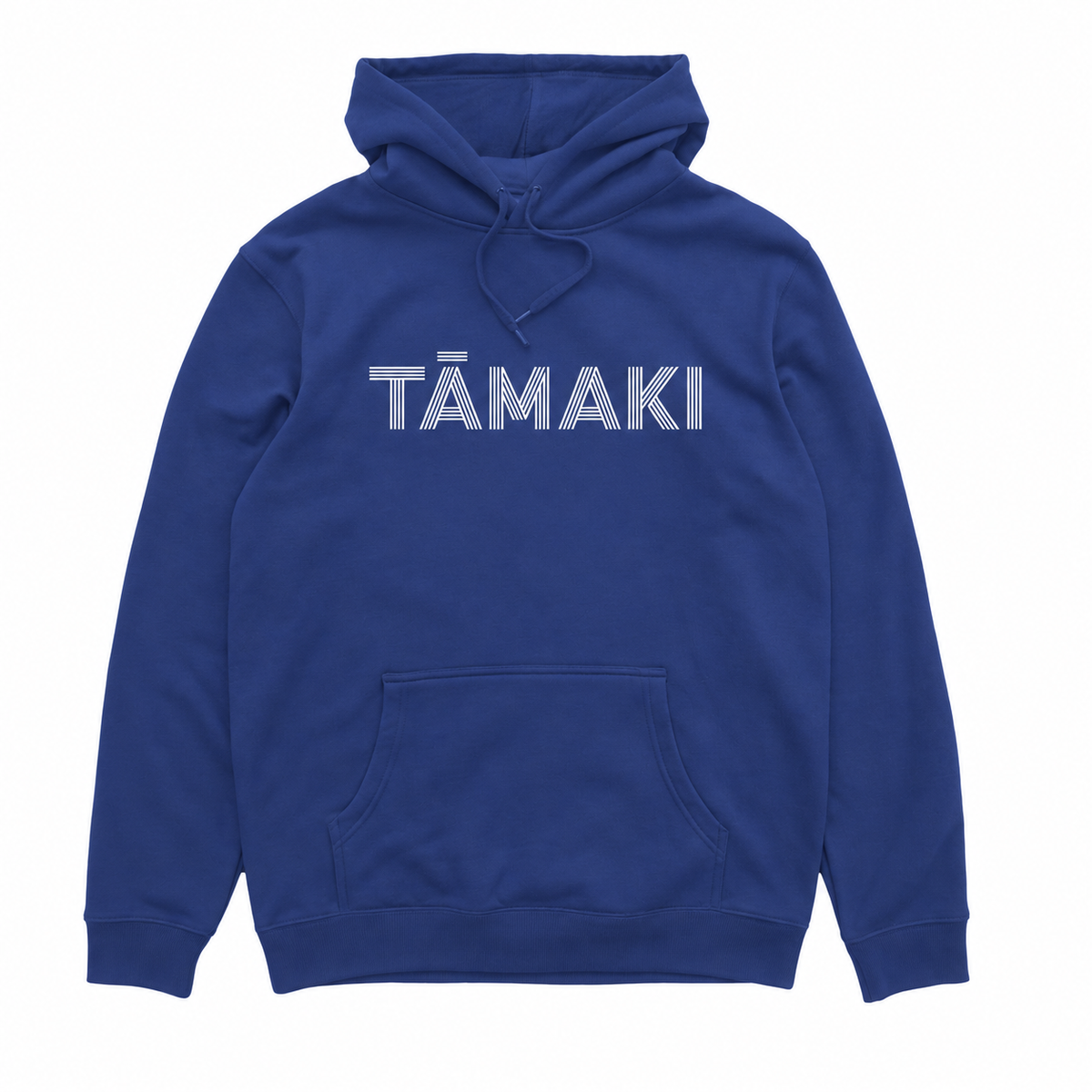 Tāmaki hood in Deep Royal with white front print