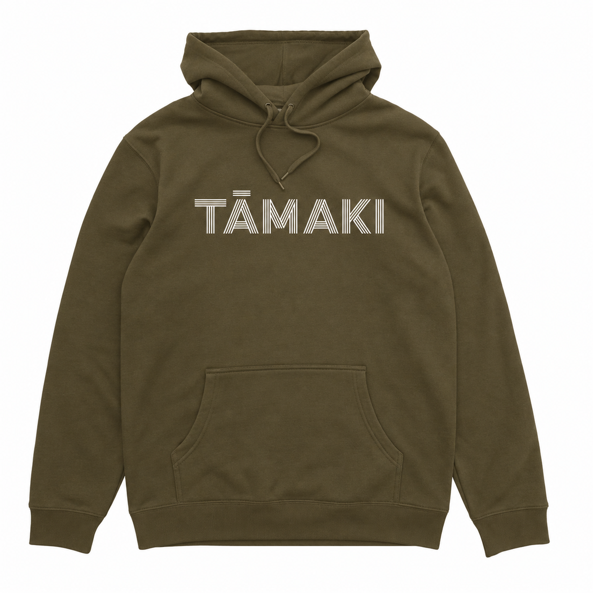 Tāmaki hood in Khaki with white front print